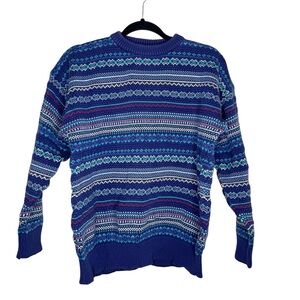 IZOD / vintage blue red geometric striped crewneck cotton chunky sweater / XL